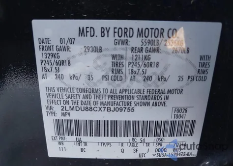 2007 Lincoln Mkx z USA, uszkodzony, nr VIN 2LMDU88CX7BJ09755